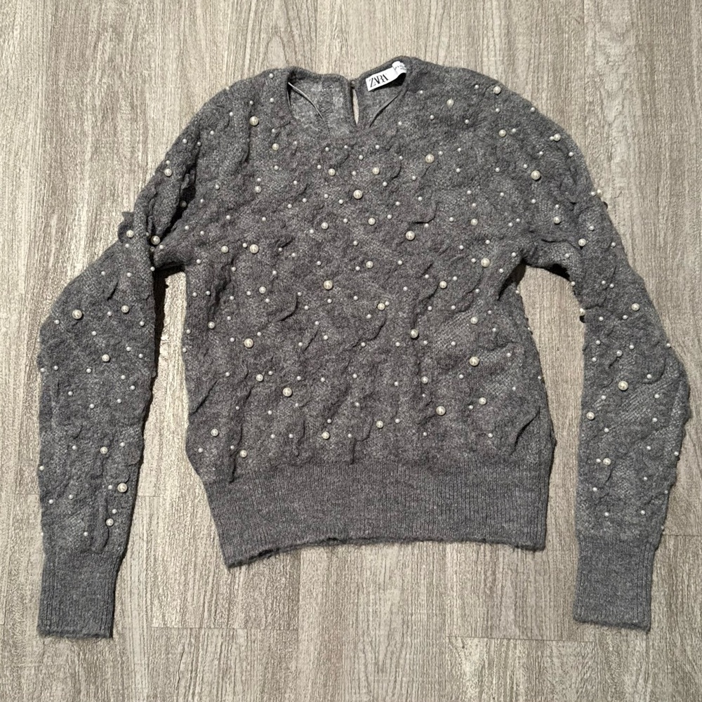Zara Gray Sweater with Pearl Accents
